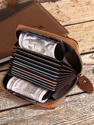 Custom Logo Men's Crazy Horse Leather Credit Card Holders Zipper Wallet for Bank Cards
