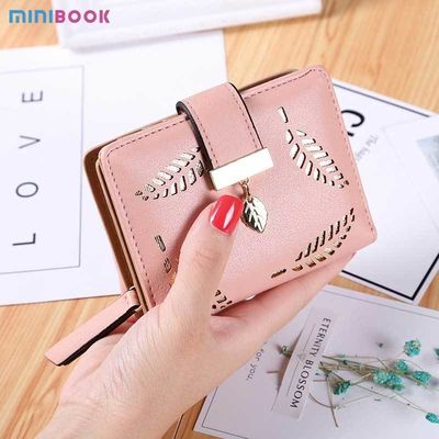 Custom Decoration PU Leather Women Short Wallet with Zipper Closure and Card Slots