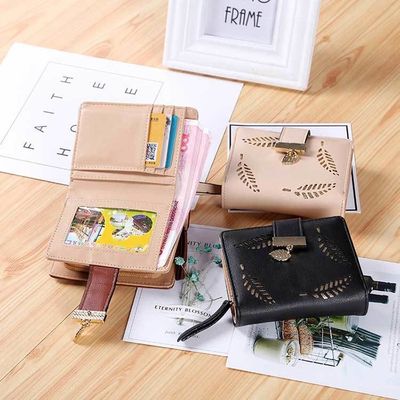Custom Decoration PU Leather Women Short Wallet with Zipper Closure and Card Slots