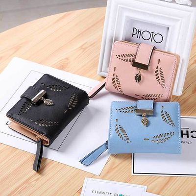 Custom Decoration PU Leather Women Short Wallet with Zipper Closure and Card Slots