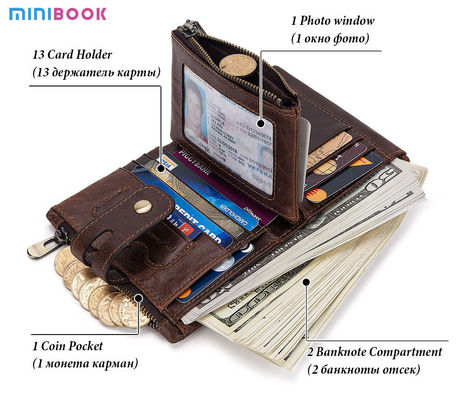 100% Genuine Leather Male Purses With Zip Coin Customize Logo Men Wallet And Card Holder
