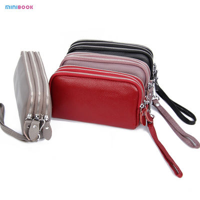 Long Wallet Minibook Ladies Three-Layer Leather Mobile Phone Bag with Zipper Hasp Closure