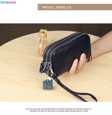 Long Wallet Minibook Ladies Three-Layer Leather Mobile Phone Bag with Zipper Hasp Closure