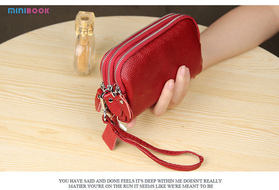Long Wallet Minibook Ladies Three-Layer Leather Mobile Phone Bag with Zipper Hasp Closure