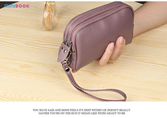 Long Wallet Minibook Ladies Three-Layer Leather Mobile Phone Bag with Zipper Hasp Closure