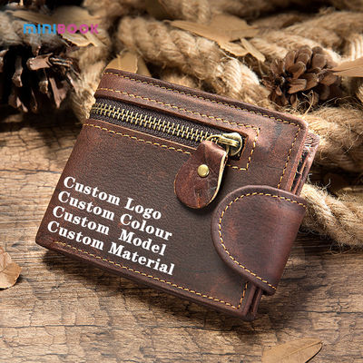 Customize Logo Design Short Men's Wallet in Genuine Leather with Zipper Closure