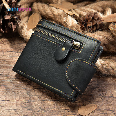 Customize Logo Design Short Men's Wallet in Genuine Leather with Zipper Closure