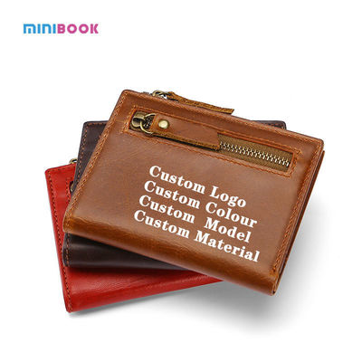 Minibook Genuine Leather Male Wallet with Anti-Theft Protection and Customizable Logo