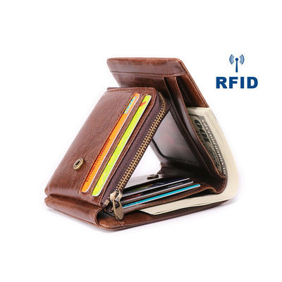 Men's Genuine Leather Trifold RFID Blocking Zipper Coin Card Purse with Fashion Style