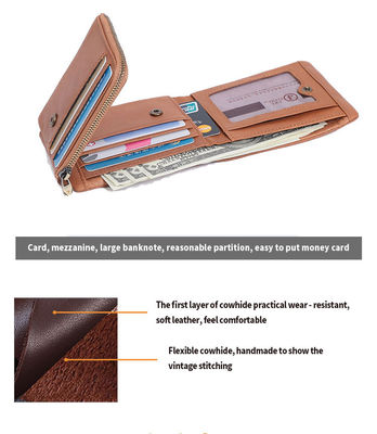 Men's Genuine Leather Trifold RFID Blocking Zipper Coin Card Purse with Fashion Style