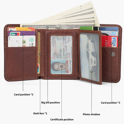 Customized Crazy Horse Leather Men's Trifold Wallet with RFID Blocking Technology