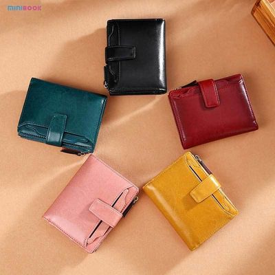 Minibook Oil Wax Leather Vintage Wallet for Women Short Genuine Leather Coin Purse