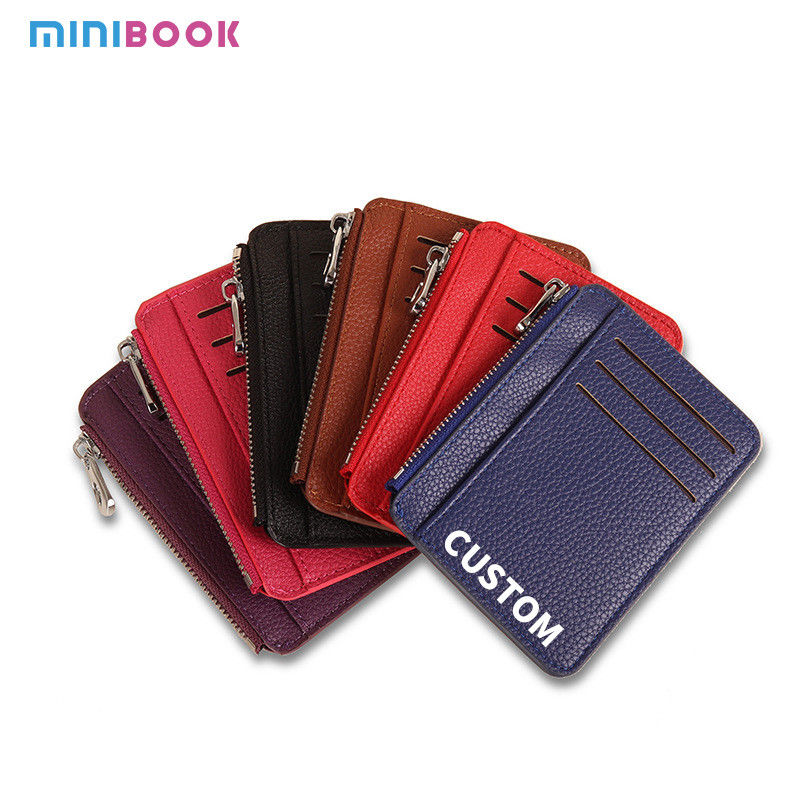 Customize ID Card Holder Wallet Leather with Zipper and 4 Slots Pocket Solid Color