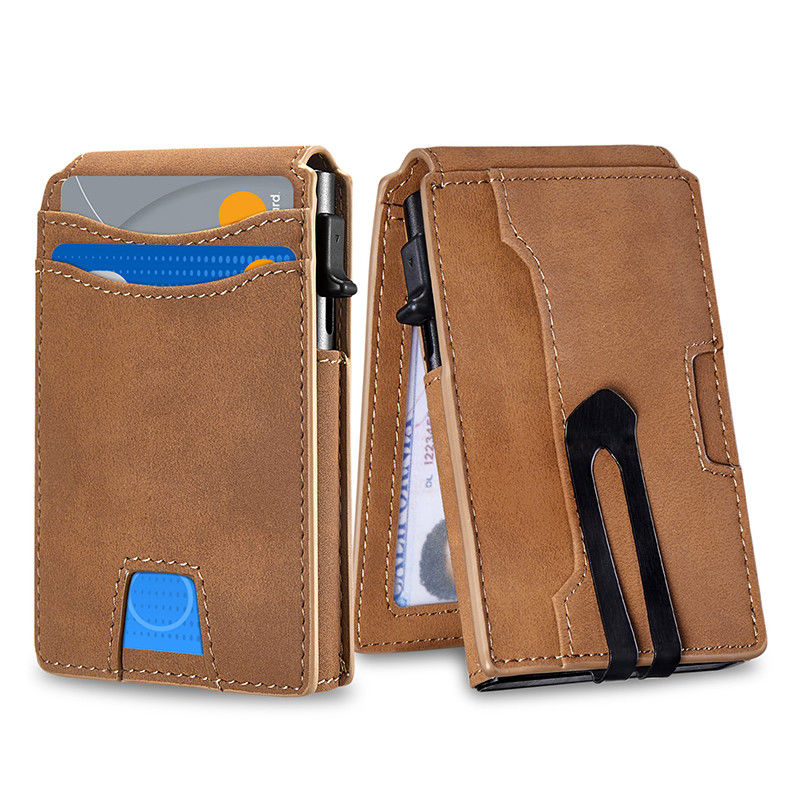 Customized Men's Leather Money Clip Wallet with RFID Blocking and Solid Color Pattern