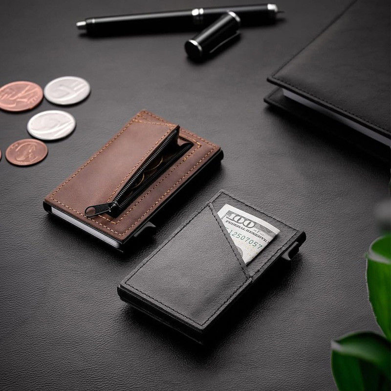 Men's Business Automatic Pop-Up Ultra-Thin RFID Card Holder in Contrasting Leather