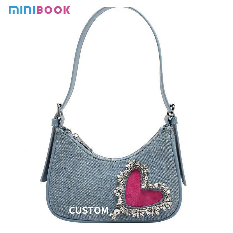 2024 Women's Denim Heart-shaped Bags Zipper Shoulder Handbag with Underarm Strap