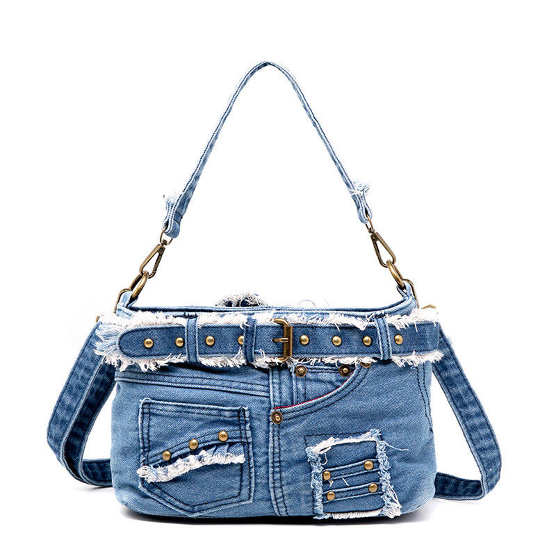 Denim Shoulder Bag Luxury Vintage Zipper Jean Pants Design Belt Tie Purse for Women