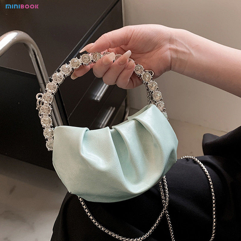 Custom Logo Women's Half Moon Clutch Purse with Chic Pleated Design and Diamond Handle