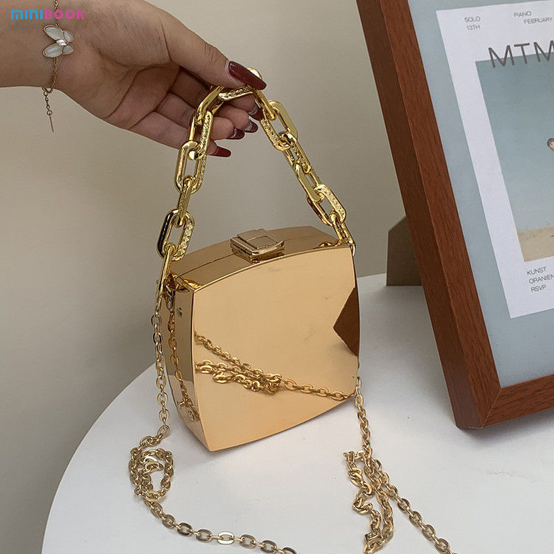 Solid Color Minibook Gold Silver Clutch Purse with Chains Luxury Fancy Evening Bags