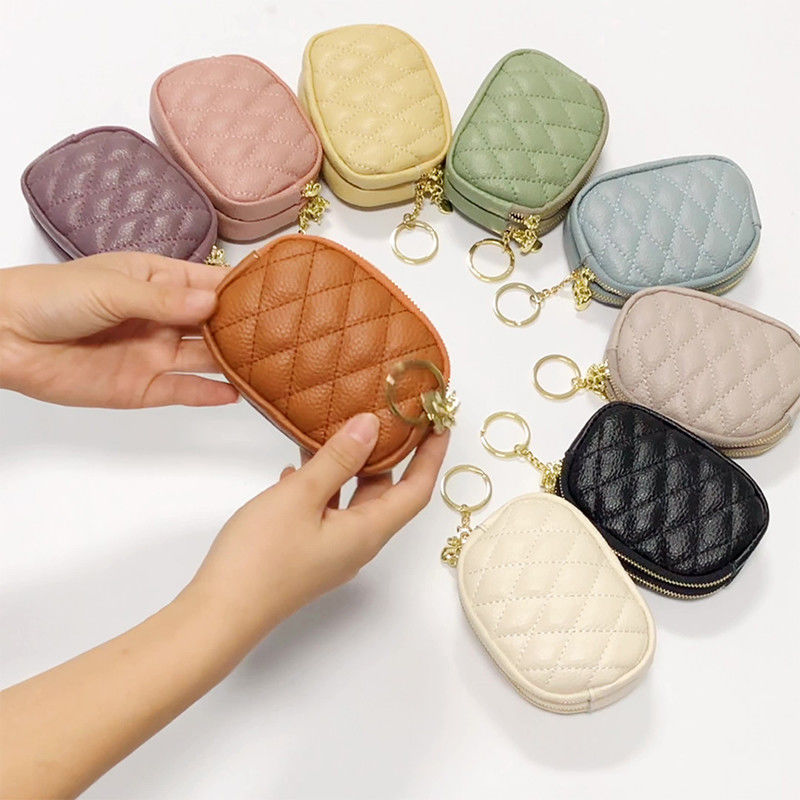 Double Zippers Genuine Leather Mini Keychain Coin Pouch for Women's Daily Needs