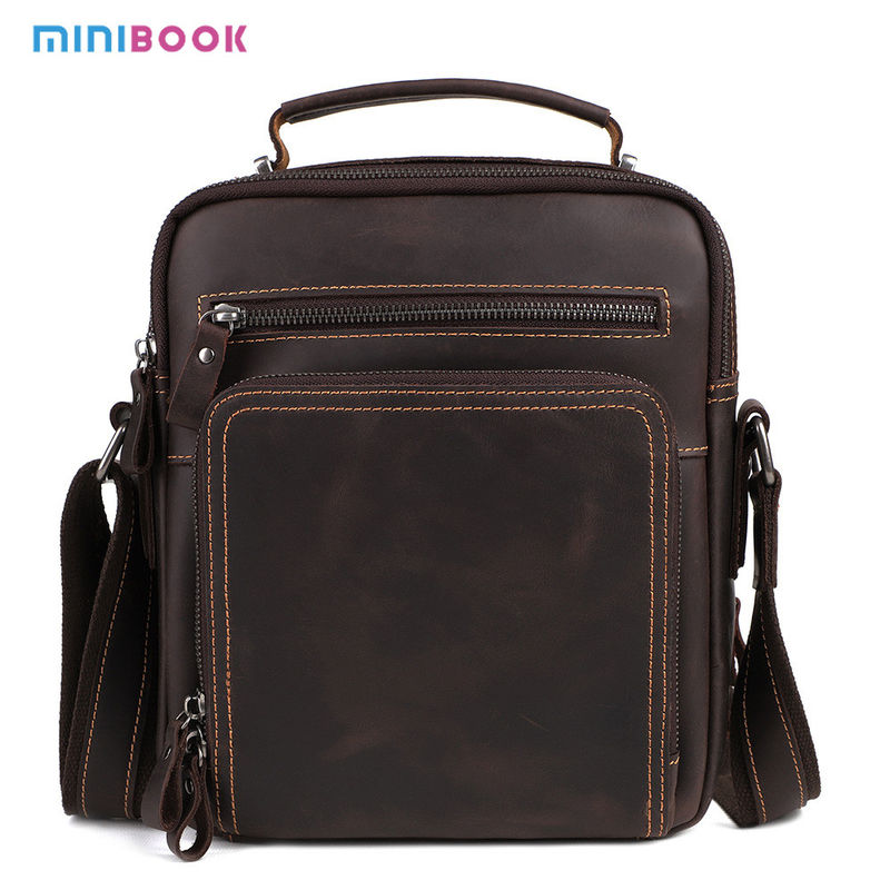9.7 Inch Genuine Leather Men's Shoulder Messenger Bag with Multiple Pockets and No Decoration