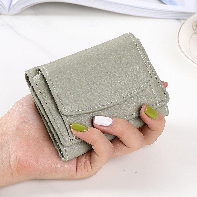 Mini Card Holder Litchi Pattern PU Leather Wallet Female Three Fold Wallet with Coin Purse