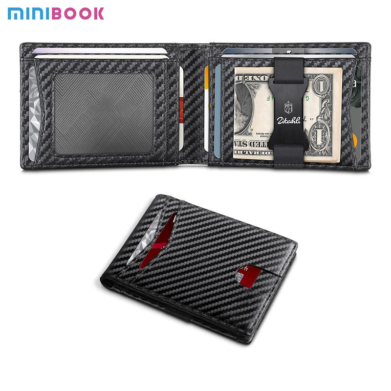 Customized Slim Carbon Fiber Genuine Leather Money Clip Wallet for Men RFID Blocking