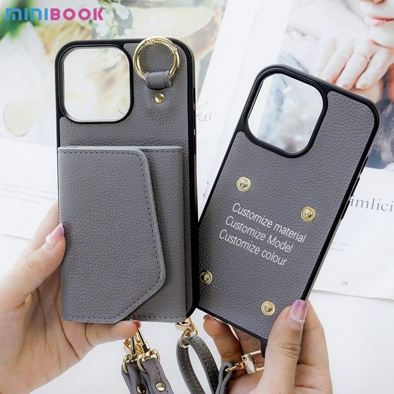 Minibook Embossed pu Leather Phone Case With strap Card lanyard For Iphone 14 pro max