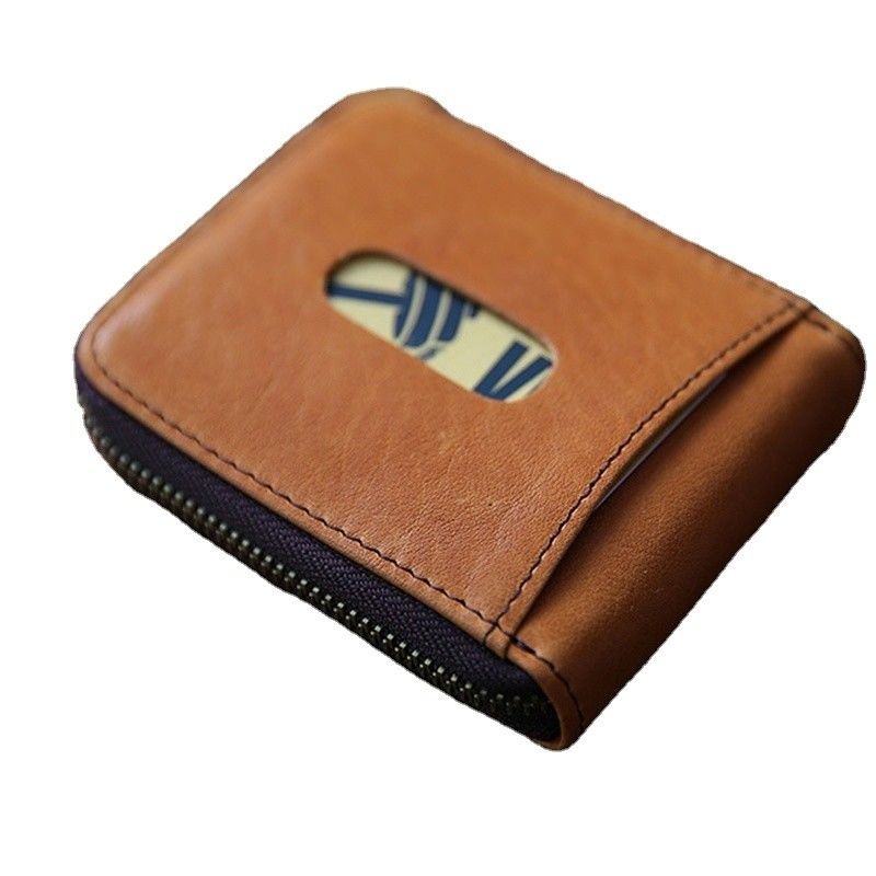 Men's Fashion Wallet Short and Zippered Handcrafted with Retro First-Layer Cowhide