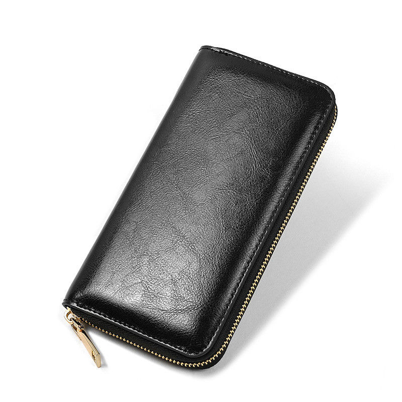 Double Zipper Design Men's Genuine Leather Long Wallet Luxury Purse with Nylon Lining