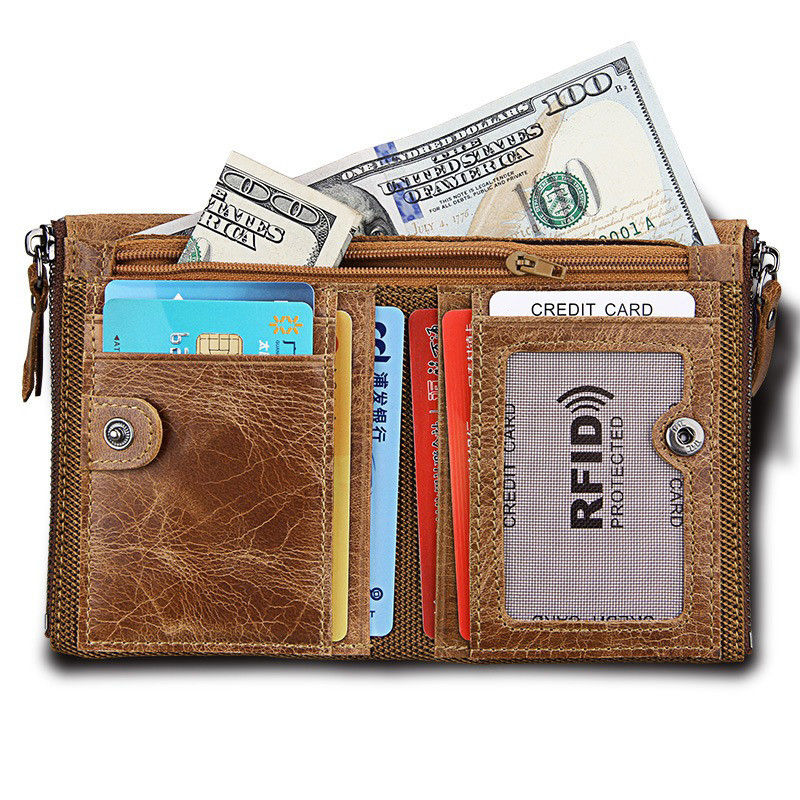 Crazy Horse RFID Credit Card Holder Blocking Vintage Double Zipper Genuine Leather Men's Wallet