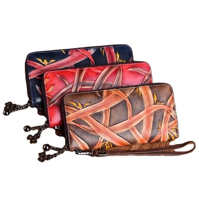 Vintage Rub Color Zipper Bag Vegetable Tanned Leather Women's Hand Wallet OEM/ODM