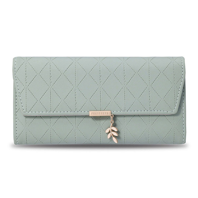 Long Plaid Leaf Pendant Large Capacity Women's Tri-Fold PU Wallet with Custom Logo