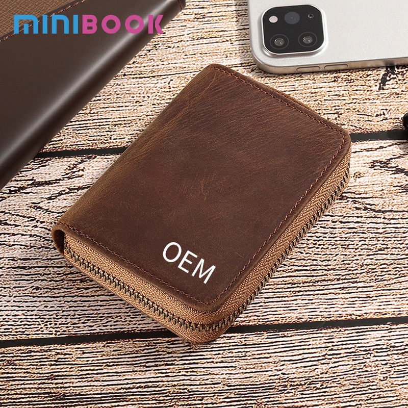 Custom Logo Men's Crazy Horse Leather Credit Card Holders Zipper Wallet for Bank Cards