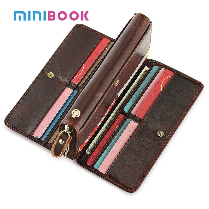 Retro Oil Wax Genuine Leather Men Wallet with Multi-card Position and Zipper Design